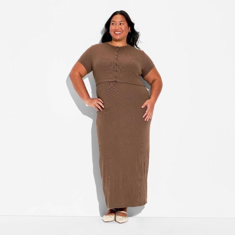 slide 2 of 3, Women's Ribbed Maxi Bodycon Dress and Cardigan Set - Wild Fable™ Brown XXL, 1 ct
