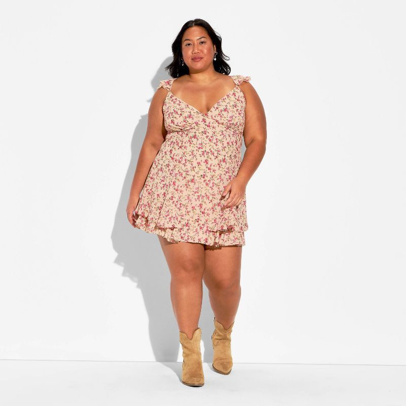 slide 2 of 3, Women's Cap Flutter Sleeve Mini Empire Waist Dress - Wild Fable™ Beige Floral XXL, 1 ct