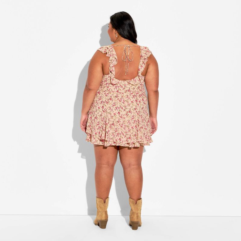 slide 3 of 3, Women's Cap Flutter Sleeve Mini Empire Waist Dress - Wild Fable™ Beige Floral XXL, 1 ct
