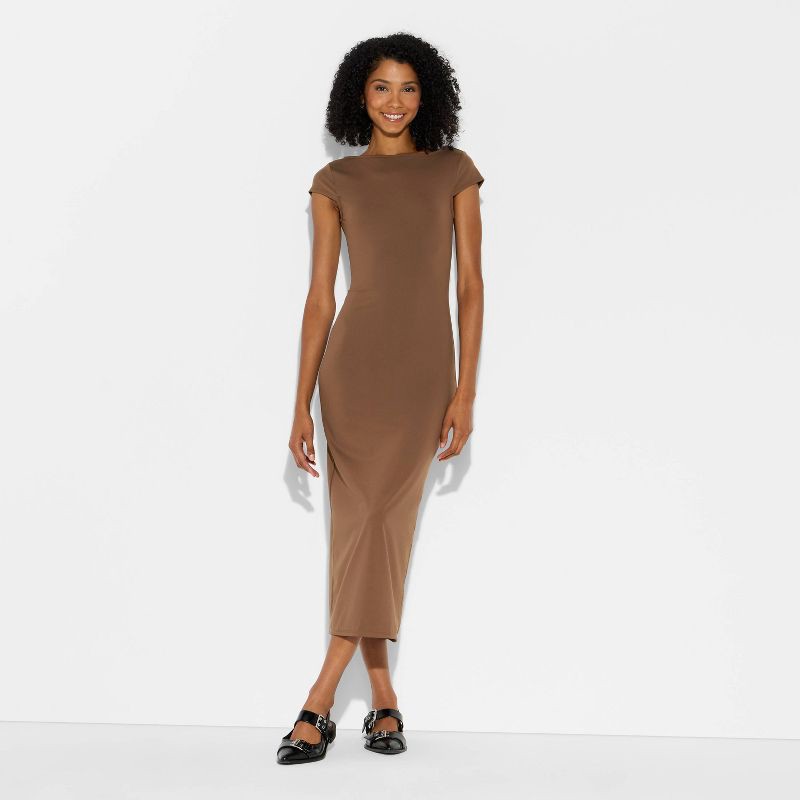 slide 2 of 3, Women's Backless Cap Sleeve Midi Bodycon Dress - Wild Fable™ Brown M, 1 ct