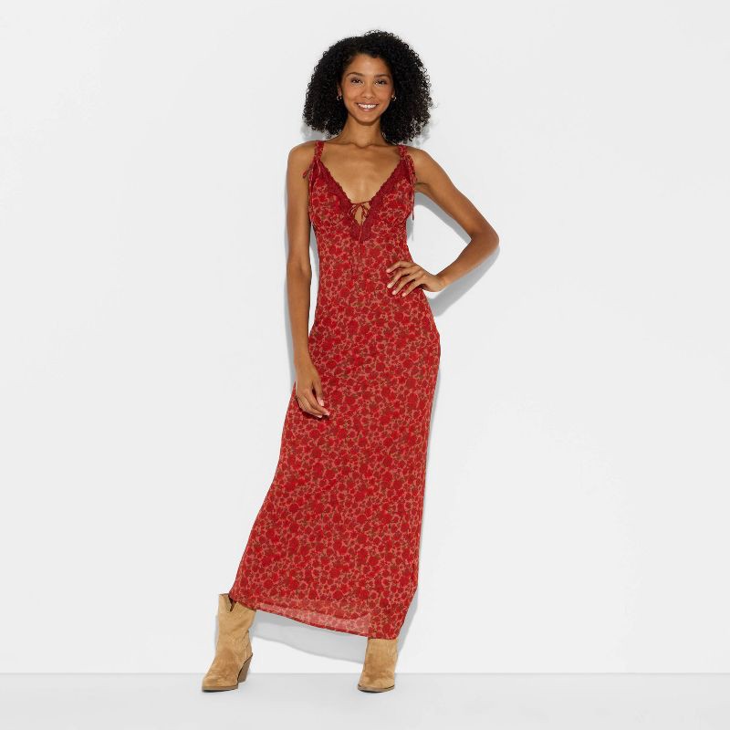 slide 2 of 3, Women's Lace Trim Maxi Empire Waist Dress - Wild Fable™ Assorted Reds Floral XS, 1 ct
