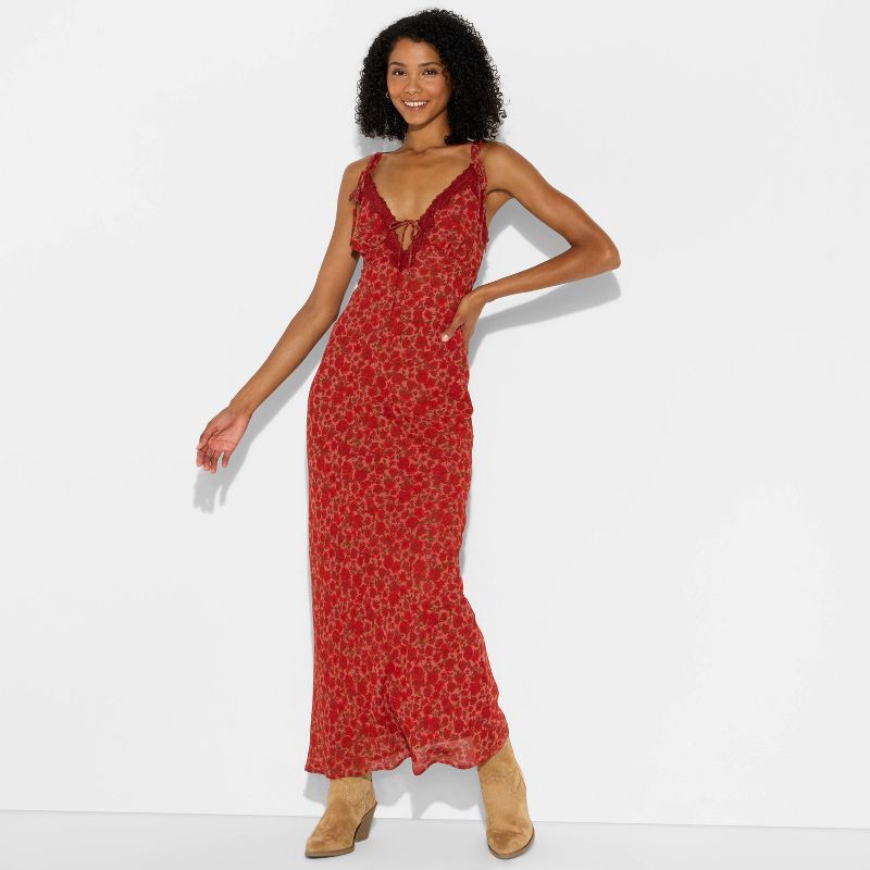 Women's Lace Trim Maxi Empire Waist Dress - Wild Fable Assorted Reds Floral S | Shipt Women's Lace Trim Maxi Empire Waist Dress - Wild Fable Assorted Reds Floral S | Shipt