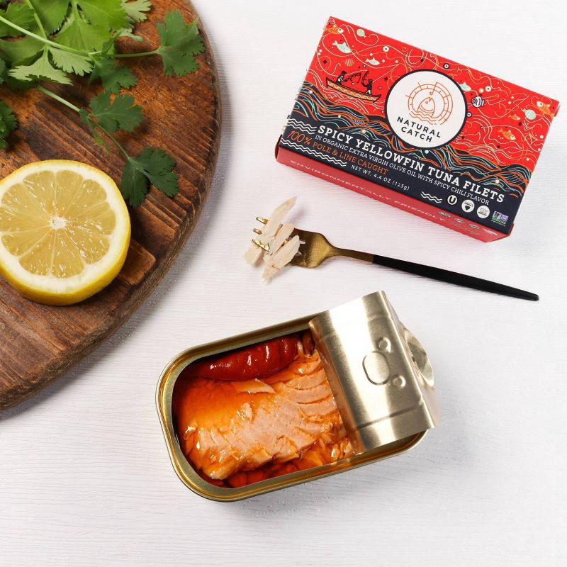 slide 3 of 3, Natural Catch Spicy Chili Flavor Yellowfin Tuna Filets In Organic Extra Virgin Olive Oil - 4.4 oz, 4.4 oz
