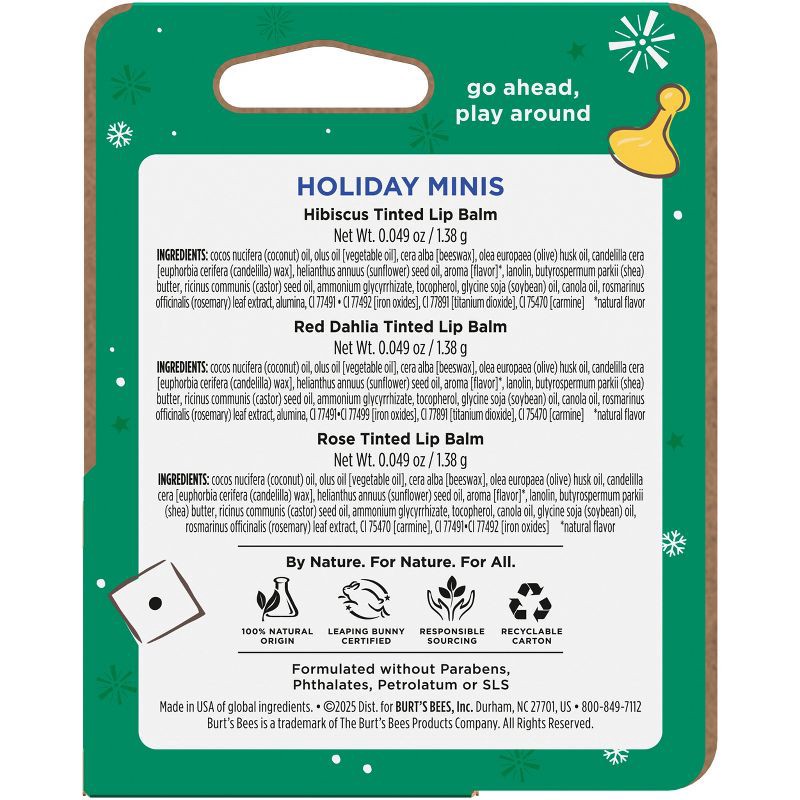 slide 2 of 8, Burt's Bees Holiday Limited Edition Stocking Stuffer Mini Lip Balms - Mini Rose + Red Dhalia + Hibiscus - 0.049oz/3ct, 0.049 oz, 3 ct