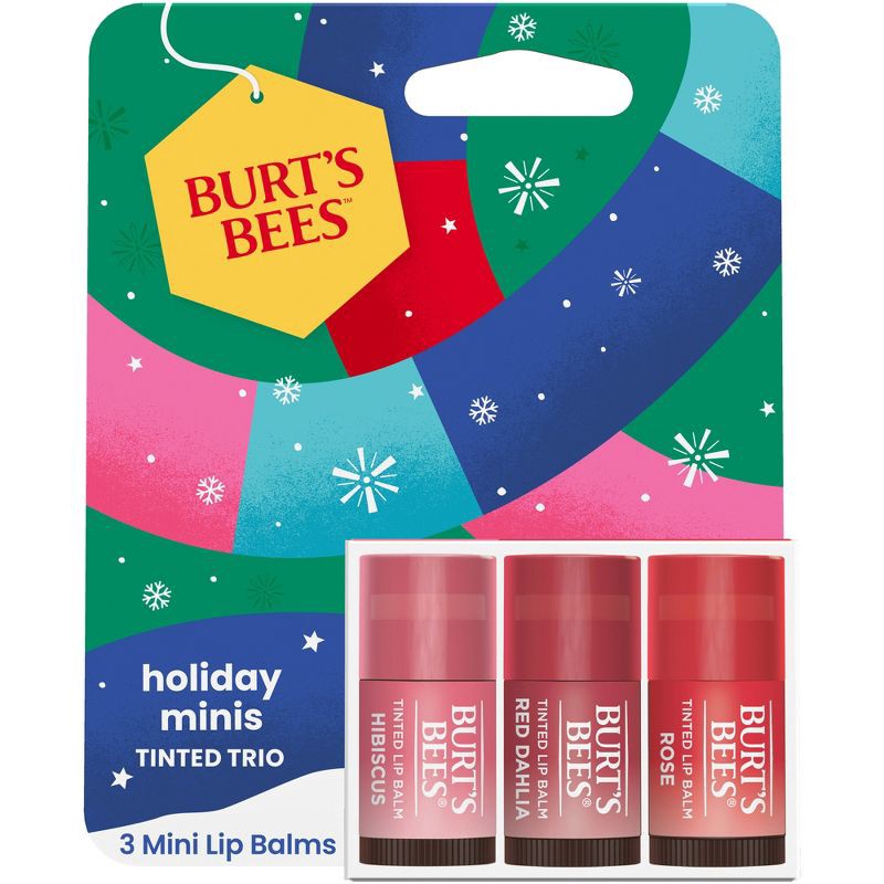 slide 1 of 8, Burt's Bees Holiday Limited Edition Stocking Stuffer Mini Lip Balms - Mini Rose + Red Dhalia + Hibiscus - 0.049oz/3ct, 0.049 oz, 3 ct