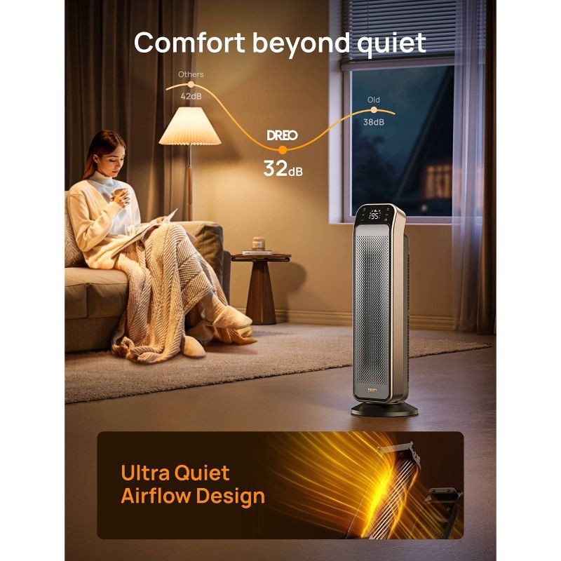 slide 6 of 8, DREO 1500W Solaris Max 25" Ceramic Space Heater Oscillating Fast Heat and Ultra-Quiet ECO Mode Remote, 1 ct