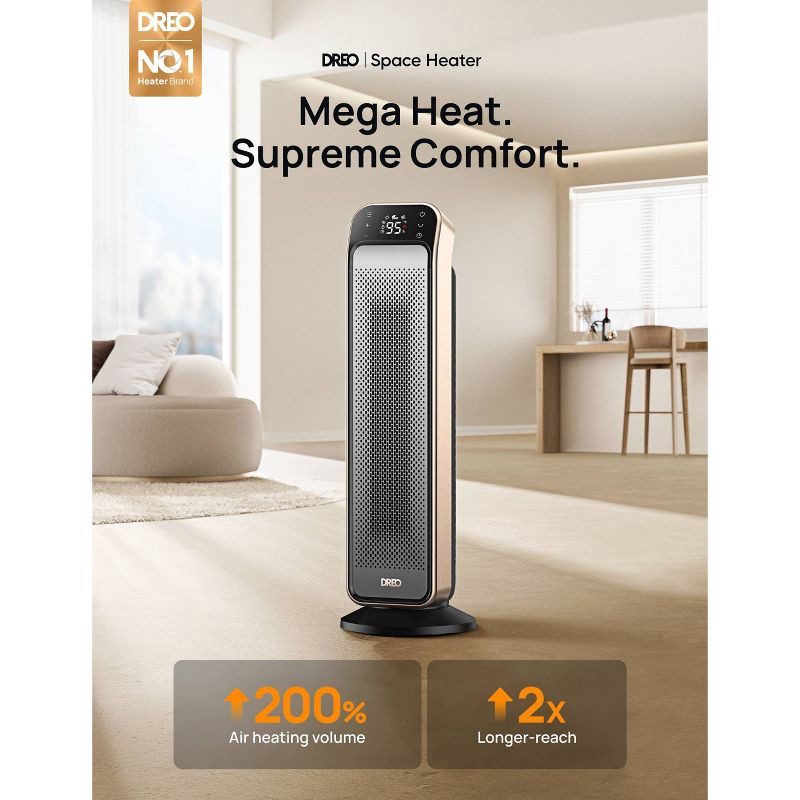 slide 8 of 8, DREO 1500W Solaris Max 25" Ceramic Space Heater Oscillating Fast Heat and Ultra-Quiet ECO Mode Remote, 1 ct