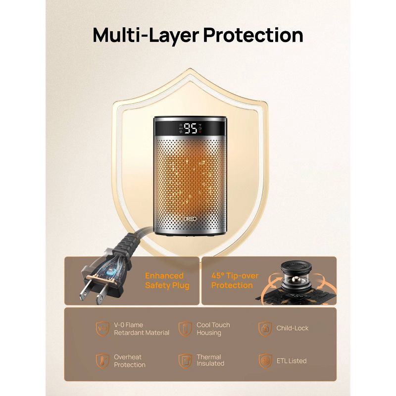 slide 5 of 8, DREO 1500W Atom 416 10" Whisper-Quiet Portable Ceramic Space Heater with Temp Control and ECO Mode Timer with Remote Non-oscillating, 1 ct