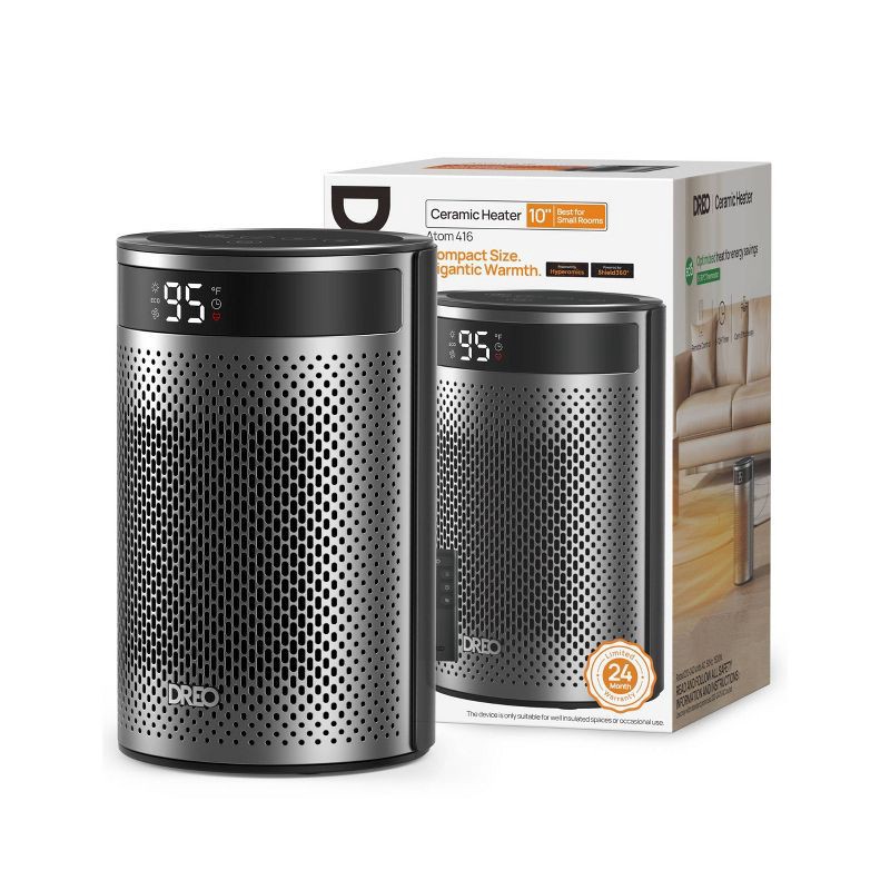 slide 8 of 8, DREO 1500W Atom 416 10" Whisper-Quiet Portable Ceramic Space Heater with Temp Control and ECO Mode Timer with Remote Non-oscillating, 1 ct