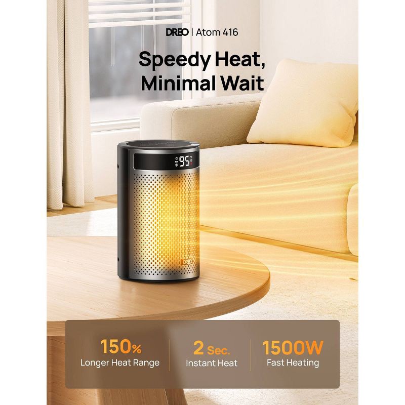 slide 7 of 8, DREO 1500W Atom 416 10" Whisper-Quiet Portable Ceramic Space Heater with Temp Control and ECO Mode Timer with Remote Non-oscillating, 1 ct