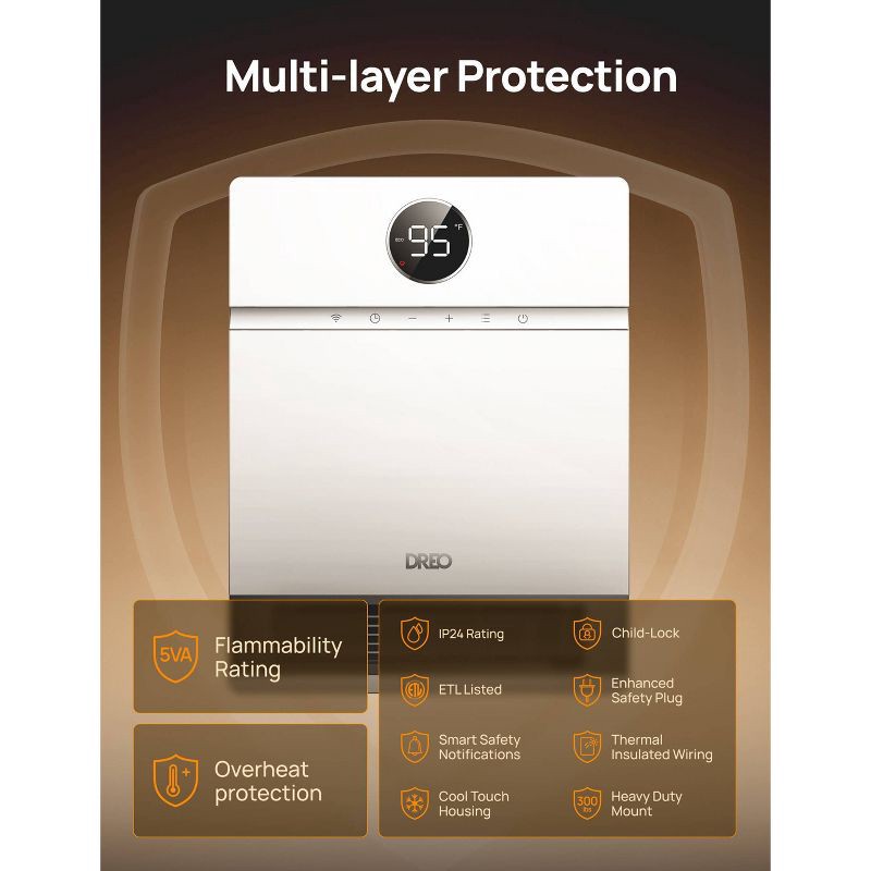 slide 2 of 9, DREO 1500W Wall-Mounted Ceramic Heater Ultra-Quiet Smart Control and ECO Mode 30° Manual Oscillation with Alexa Compatible White, 1 ct