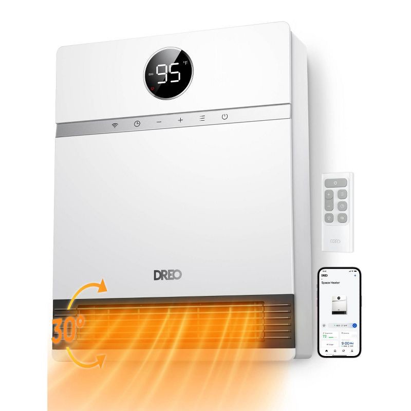 slide 3 of 9, DREO 1500W Wall-Mounted Ceramic Heater Ultra-Quiet Smart Control and ECO Mode 30° Manual Oscillation with Alexa Compatible White, 1 ct