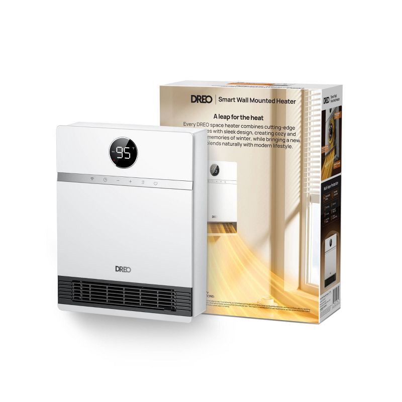 slide 5 of 9, DREO 1500W Wall-Mounted Ceramic Heater Ultra-Quiet Smart Control and ECO Mode 30° Manual Oscillation with Alexa Compatible White, 1 ct