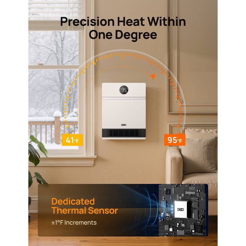 slide 6 of 9, DREO 1500W Wall-Mounted Ceramic Heater Ultra-Quiet Smart Control and ECO Mode 30° Manual Oscillation with Alexa Compatible White, 1 ct