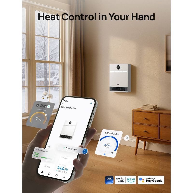 slide 7 of 9, DREO 1500W Wall-Mounted Ceramic Heater Ultra-Quiet Smart Control and ECO Mode 30° Manual Oscillation with Alexa Compatible White, 1 ct