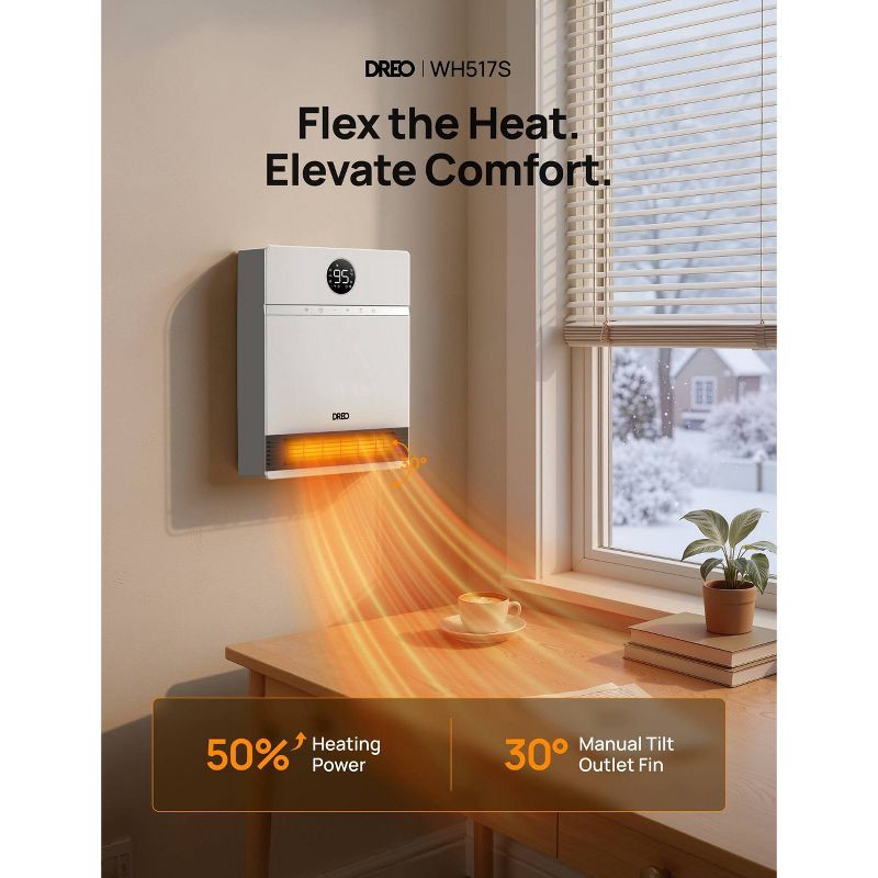 slide 8 of 9, DREO 1500W Wall-Mounted Ceramic Heater Ultra-Quiet Smart Control and ECO Mode 30° Manual Oscillation with Alexa Compatible White, 1 ct