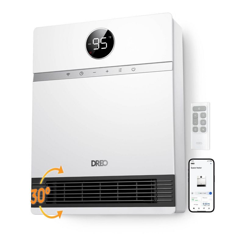 slide 1 of 9, DREO 1500W Wall-Mounted Ceramic Heater Ultra-Quiet Smart Control and ECO Mode 30° Manual Oscillation with Alexa Compatible White, 1 ct