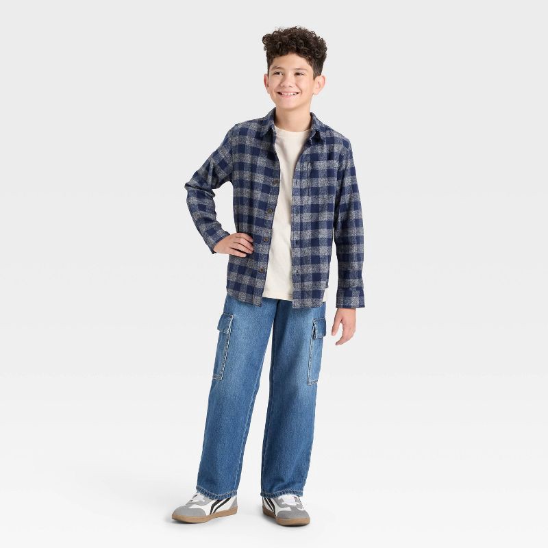 slide 3 of 3, Boys' Long Sleeve Striped Plaid Flannel Button-Down Shirt - Cat & Jack™ Navy Blue L, 1 ct