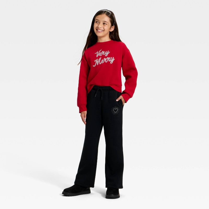 slide 2 of 3, Girls' Pull-On Heart Fleece Pants - Cat & Jack™ Black M, 1 ct