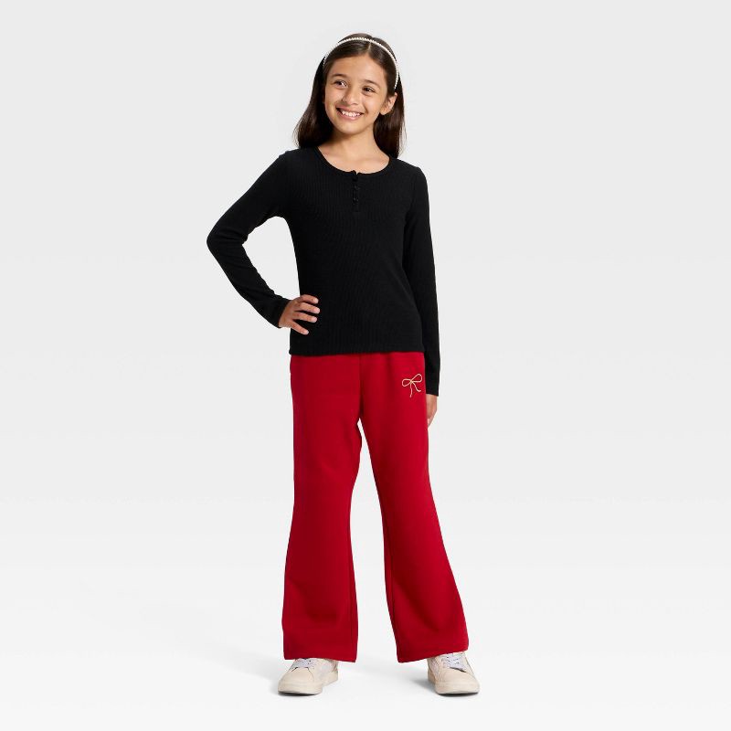 slide 4 of 4, Girls' Pull-On Bow Fleece Pants - Cat & Jack™ Dark Red M, 1 ct