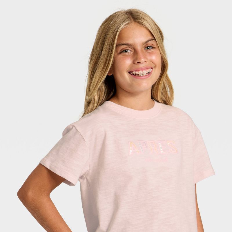 slide 2 of 4, Girls' Short Sleeve Apres Relaxed Fit Graphic T-Shirt - Cat & Jack™ Light Pink XS, 1 ct