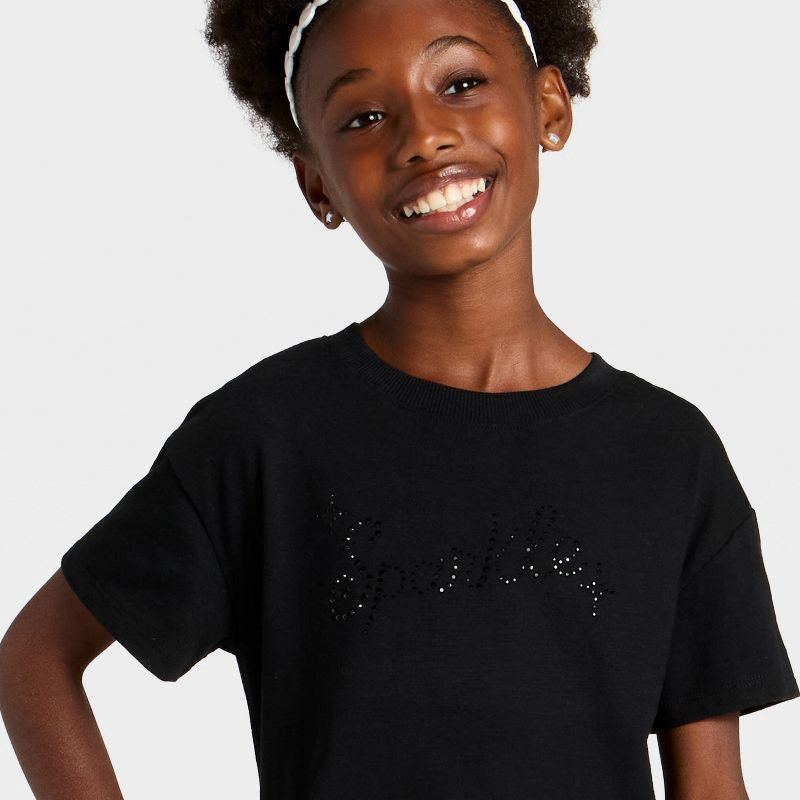 slide 2 of 4, Girls' Short Sleeve Sparkle Relaxed Fit Graphic T-Shirt - Cat & Jack™ Black XL, 1 ct