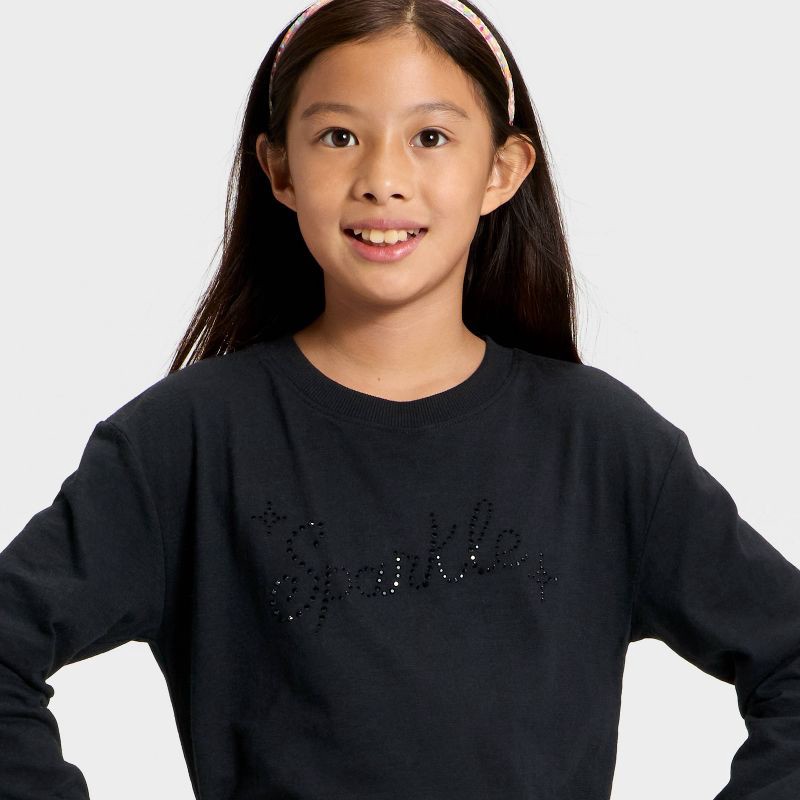 slide 2 of 4, Girls' Long Sleeve Sparkle Relaxed Fit Graphic T-Shirt - Cat & Jack™ Black L, 1 ct