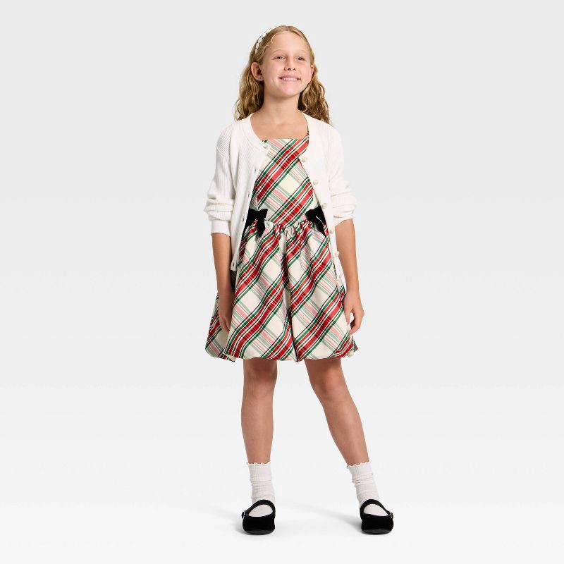 slide 3 of 3, Girls' Plaid Bubble Dress - Cat & Jack™ Cream/Red/Green XS, 1 ct