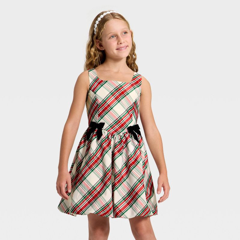 slide 1 of 3, Girls' Plaid Bubble Dress - Cat & Jack™ Cream/Red/Green XS, 1 ct