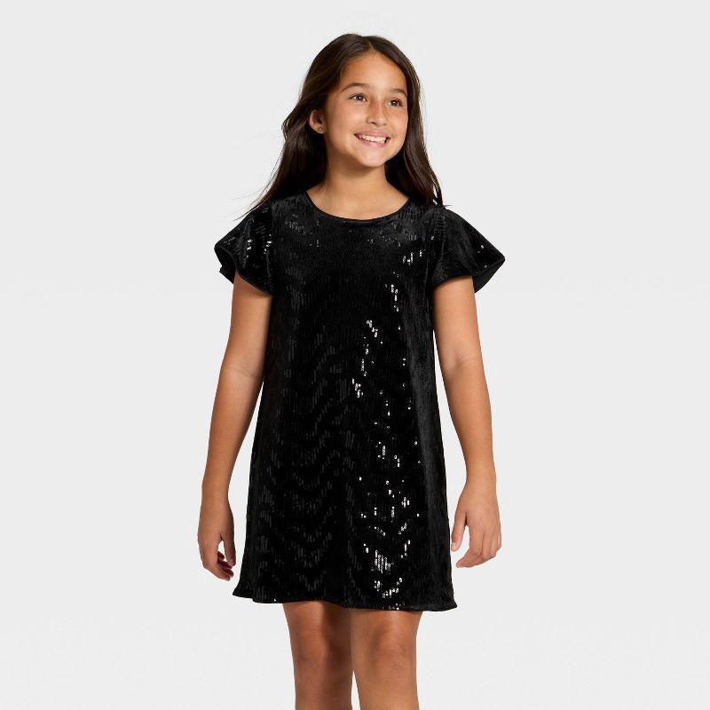 slide 1 of 3, Girls' Short Sleeve Sequin Velvet Dress - Cat & Jack™ Black S, 1 ct