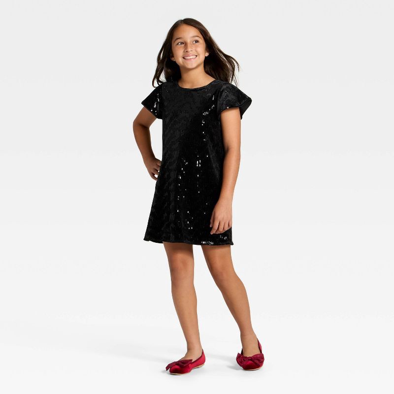 slide 3 of 3, Girls' Short Sleeve Sequin Velvet Dress - Cat & Jack™ Black XL, 1 ct