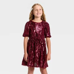 Girls' Short Sleeve Sequin Dress - Cat & Jack™ Dark Red XL
