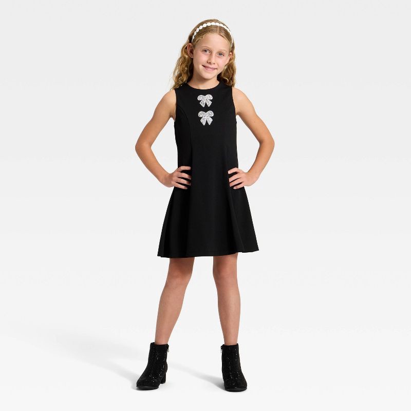 slide 3 of 3, Zenzi Girls' Bow Fit and Flare Dress - Black XS, 1 ct