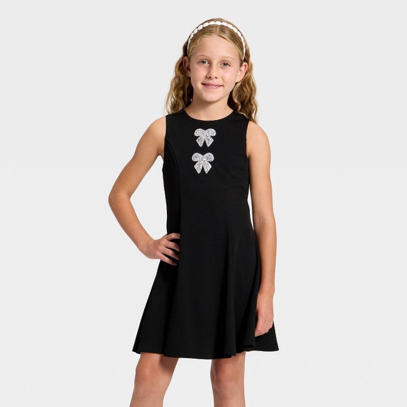 slide 1 of 3, Zenzi Girls' Bow Fit and Flare Dress - Black XS, 1 ct