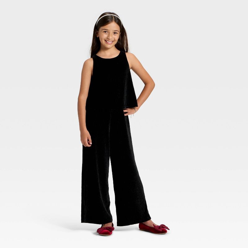 slide 3 of 3, Girls' Velvet Jumpsuit - Cat & Jack™ Black XS, 1 ct