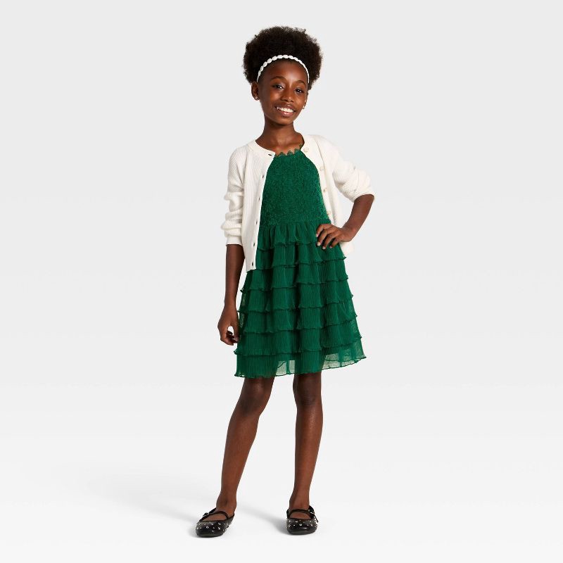 slide 3 of 3, Girls' Tiered Lace Dress - Cat & Jack™ Dark Green XS, 1 ct