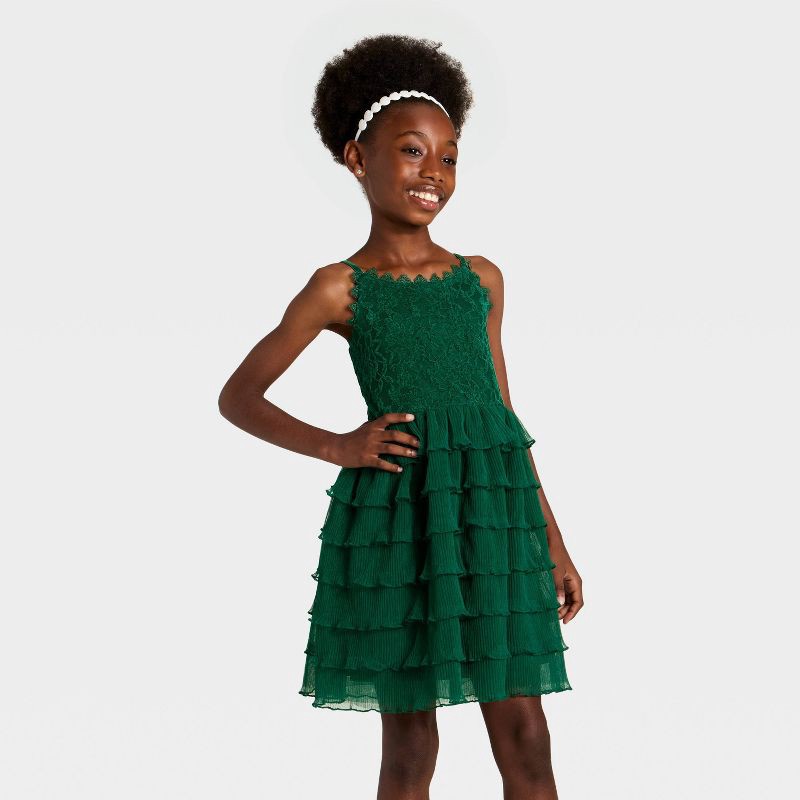 slide 1 of 3, Girls' Tiered Lace Dress - Cat & Jack™ Dark Green S, 1 ct