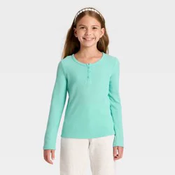 Girls' Long Sleeve Waffle Knit Henley T-Shirt - Cat & Jack™ Aqua Blue M