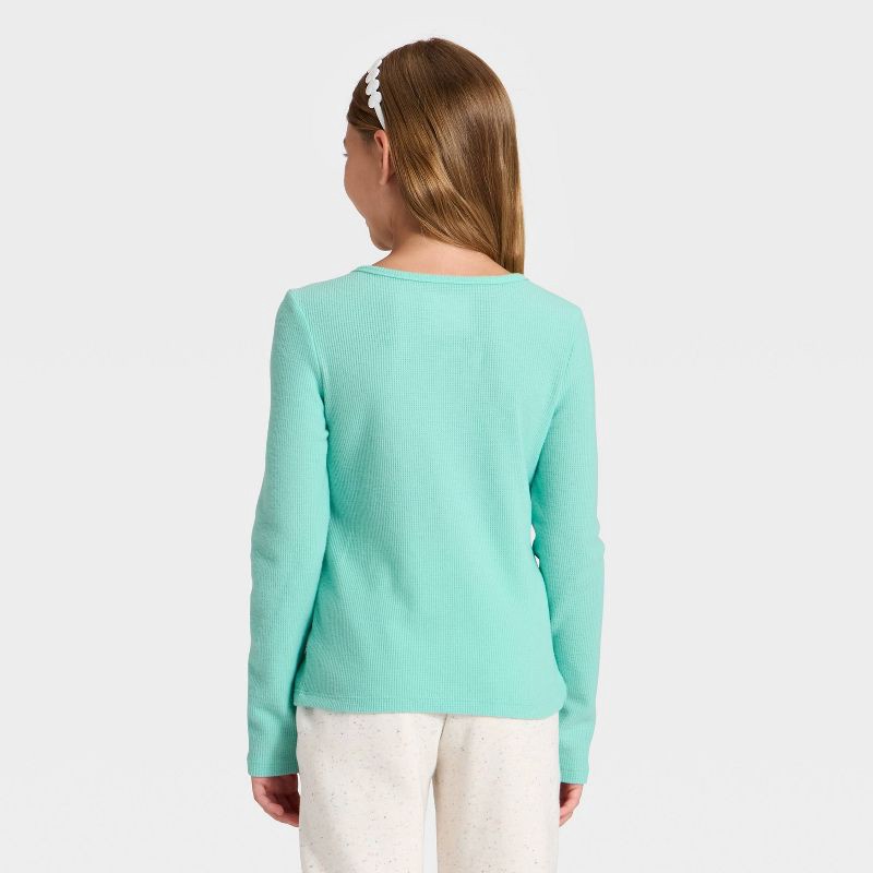 slide 2 of 3, Girls' Long Sleeve Waffle Knit Henley T-Shirt - Cat & Jack™ Aqua Blue L, 1 ct