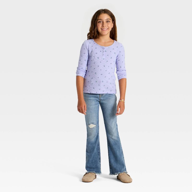 slide 3 of 3, Girls' Long Sleeve Waffle Knit Henley T-Shirt - Cat & Jack™ Light Purple S, 1 ct