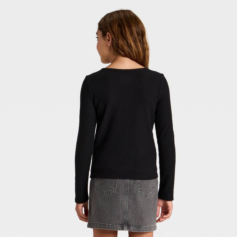 slide 2 of 3, Girls' Long Sleeve Waffle Knit Henley T-Shirt - Cat & Jack™ Black XS, 1 ct