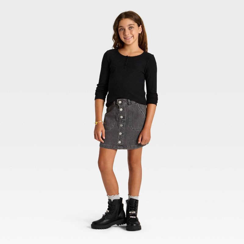 slide 3 of 3, Girls' Long Sleeve Waffle Knit Henley T-Shirt - Cat & Jack™ Black L, 1 ct