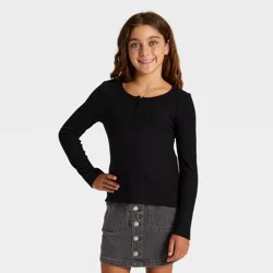 Girls' Long Sleeve Waffle Knit Henley T-Shirt - Cat & Jack™ Black L