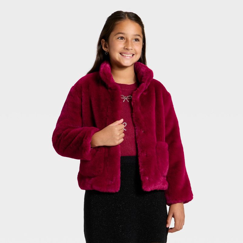 slide 1 of 3, Girls' Faux Fur Jacket - Cat & Jack™ Red M, 1 ct