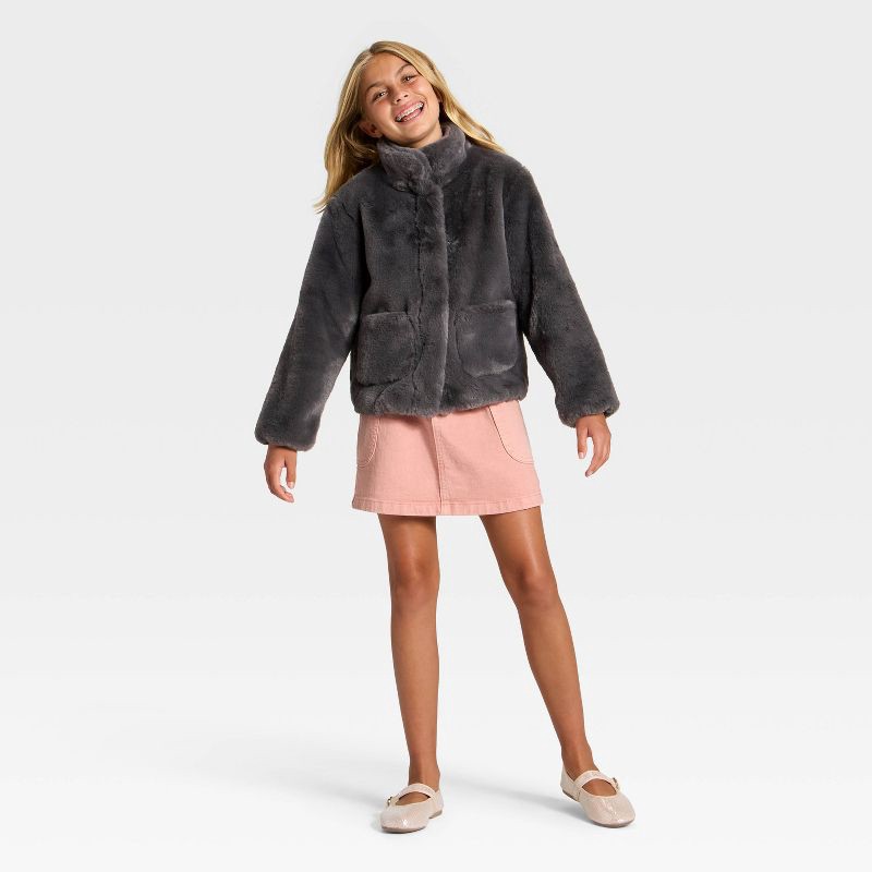 slide 3 of 3, Girls' Faux Fur Jacket - Cat & Jack™ Gray S, 1 ct
