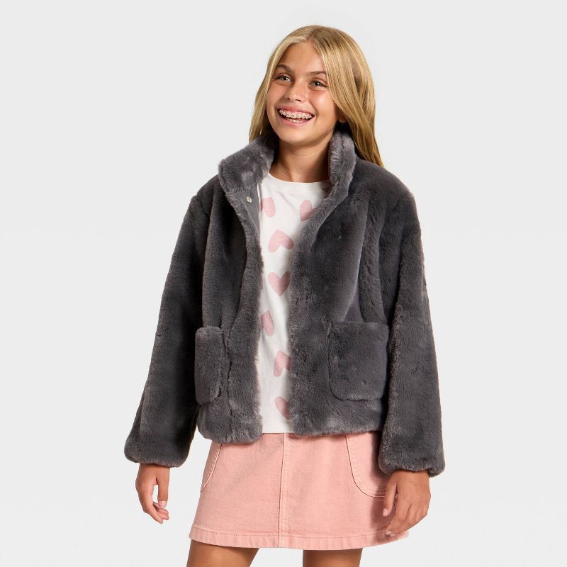 slide 1 of 3, Girls' Faux Fur Jacket - Cat & Jack™ Gray S, 1 ct