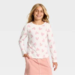 Girls' Long Sleeve Hearts Printed Classic Fit T-Shirt - Cat & Jack™ Cream S