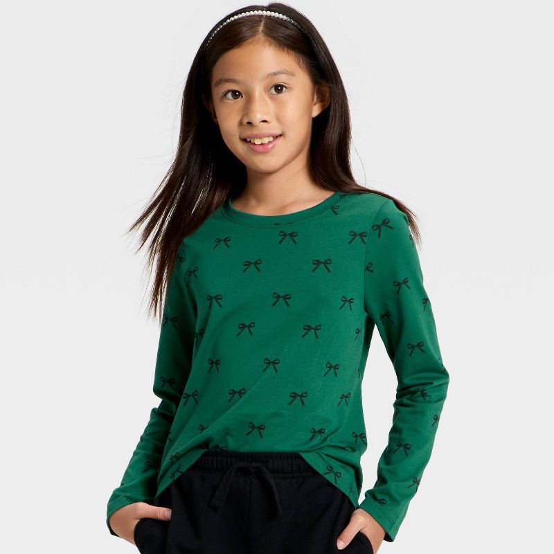 slide 2 of 4, Girls' Long Sleeve Bows Printed Classic Fit T-Shirt - Cat & Jack™ Jade Green L, 1 ct