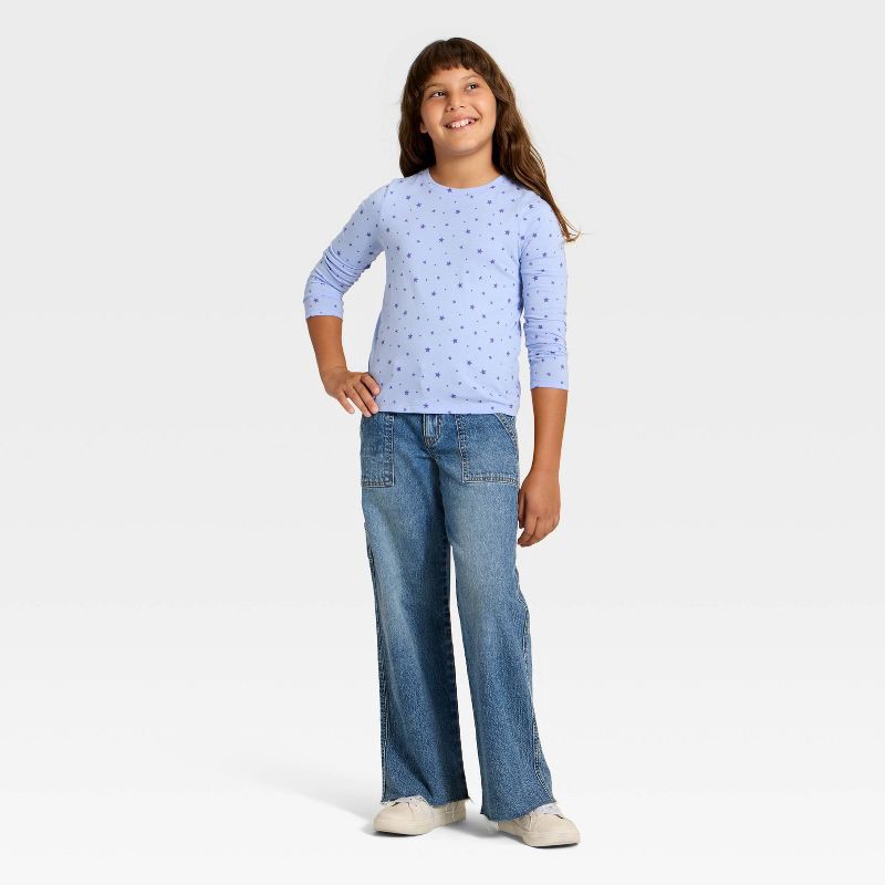 slide 3 of 3, Girls' Long Sleeve Stars Printed Classic Fit T-Shirt - Cat & Jack™ Blue S, 1 ct