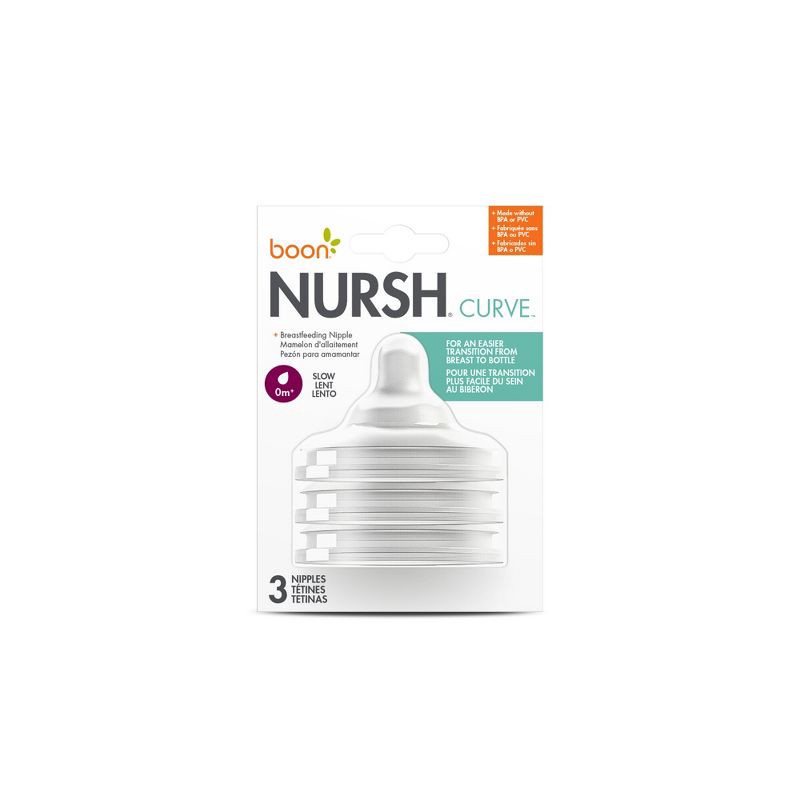 slide 7 of 7, Boon Nursh Curve Silicone Baby Bottle Nipples - Slow Flow - Stage 1 - 3pk, 1 x 3 ct